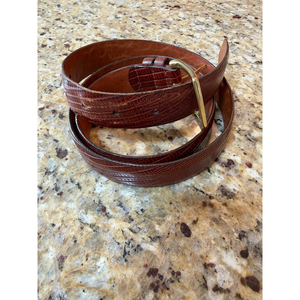 Brooks Brothers Mens Brown Lizard Embossed Leather Belt Size 38 Solid Brass USA